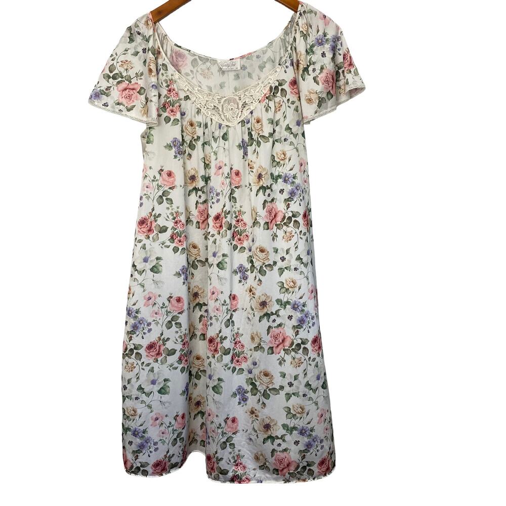 Vanity Fair Vintage Floral Lace Cottage Core Satin Sleep Dress - M - Pre-Owned